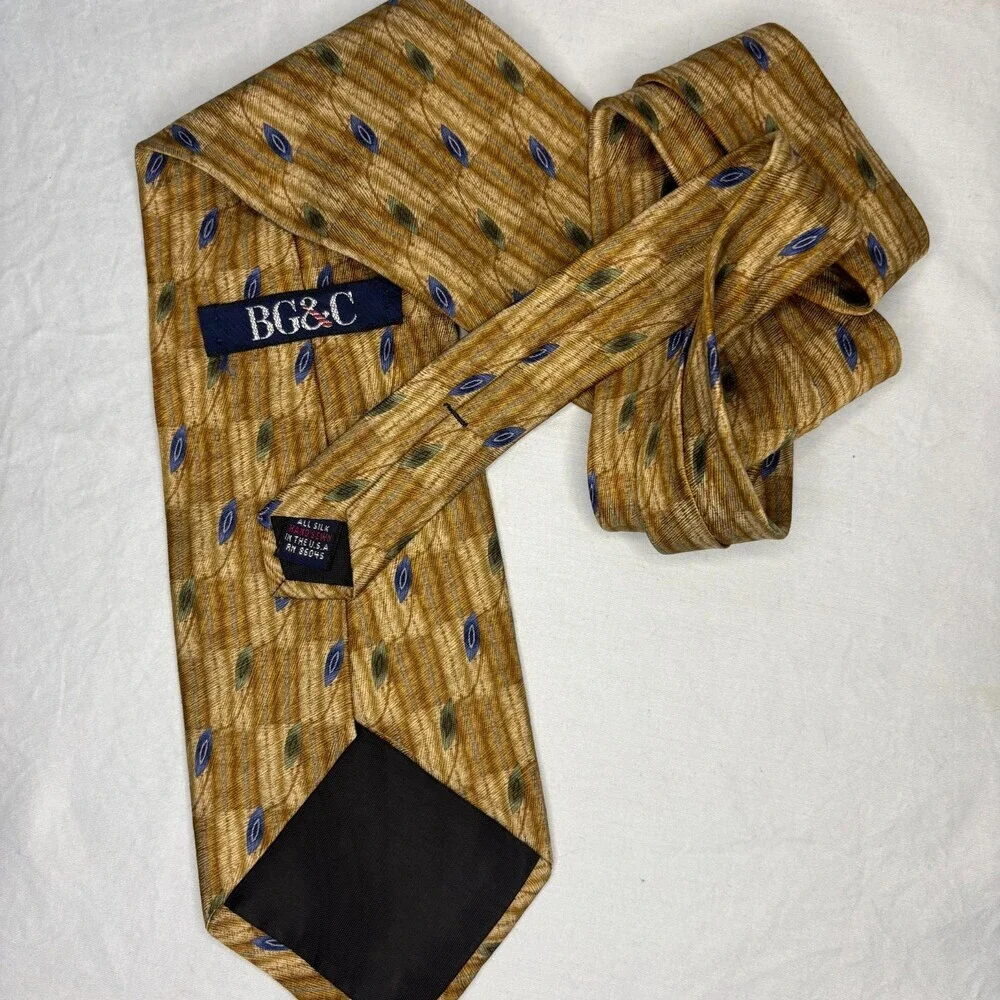 BG&C 100% Silk Hand Sewn Mens Tie Gold Blue Geometric Classic Made in USA